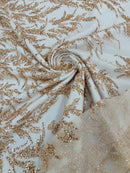 Leaf Plant Glitter Design Fabric - Rose Gold - Beaded Embroidered Leaves Design on Mesh By Yard