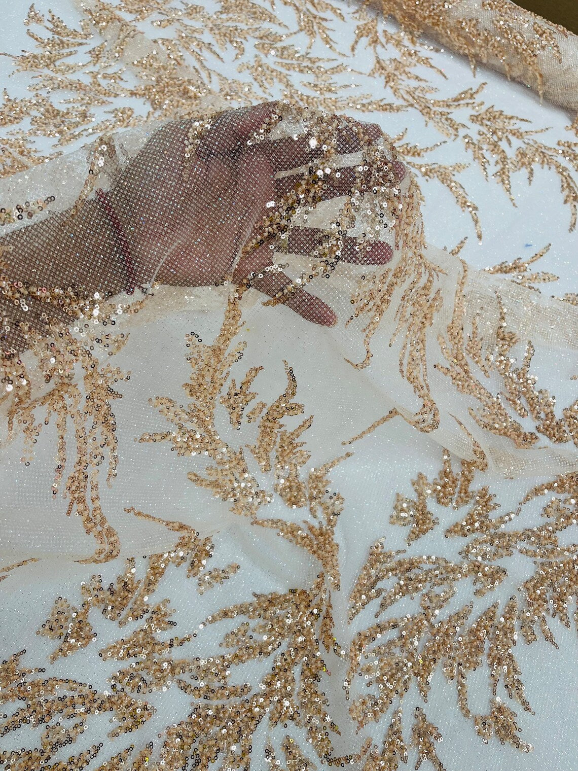 Leaf Plant Glitter Design Fabric - Rose Gold - Beaded Embroidered Leaves Design on Mesh By Yard