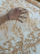 Leaf Plant Glitter Design Fabric - Rose Gold - Beaded Embroidered Leaves Design on Mesh By Yard