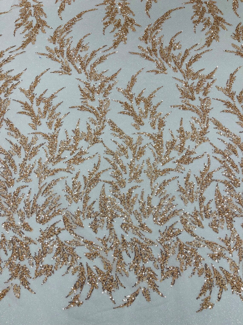 Leaf Plant Glitter Design Fabric - Rose Gold - Beaded Embroidered Leaves Design on Mesh By Yard
