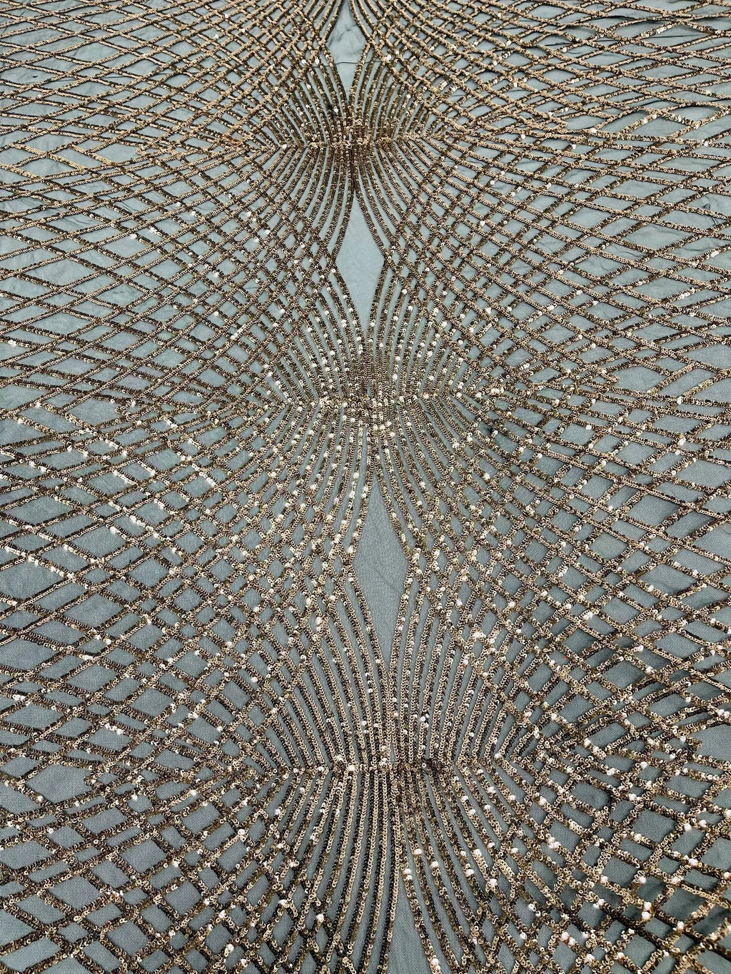 2 Way Stretch Diamond Fabric - Rose Gold on Black - Geometric Diamond Design on Mesh By The Yard