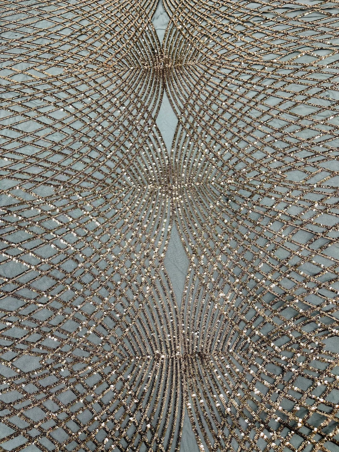 2 Way Stretch Diamond Fabric - Rose Gold on Black - Geometric Diamond Design on Mesh By The Yard