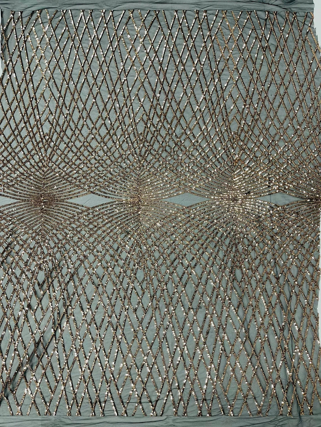 2 Way Stretch Diamond Fabric - Rose Gold on Black - Geometric Diamond Design on Mesh By The Yard