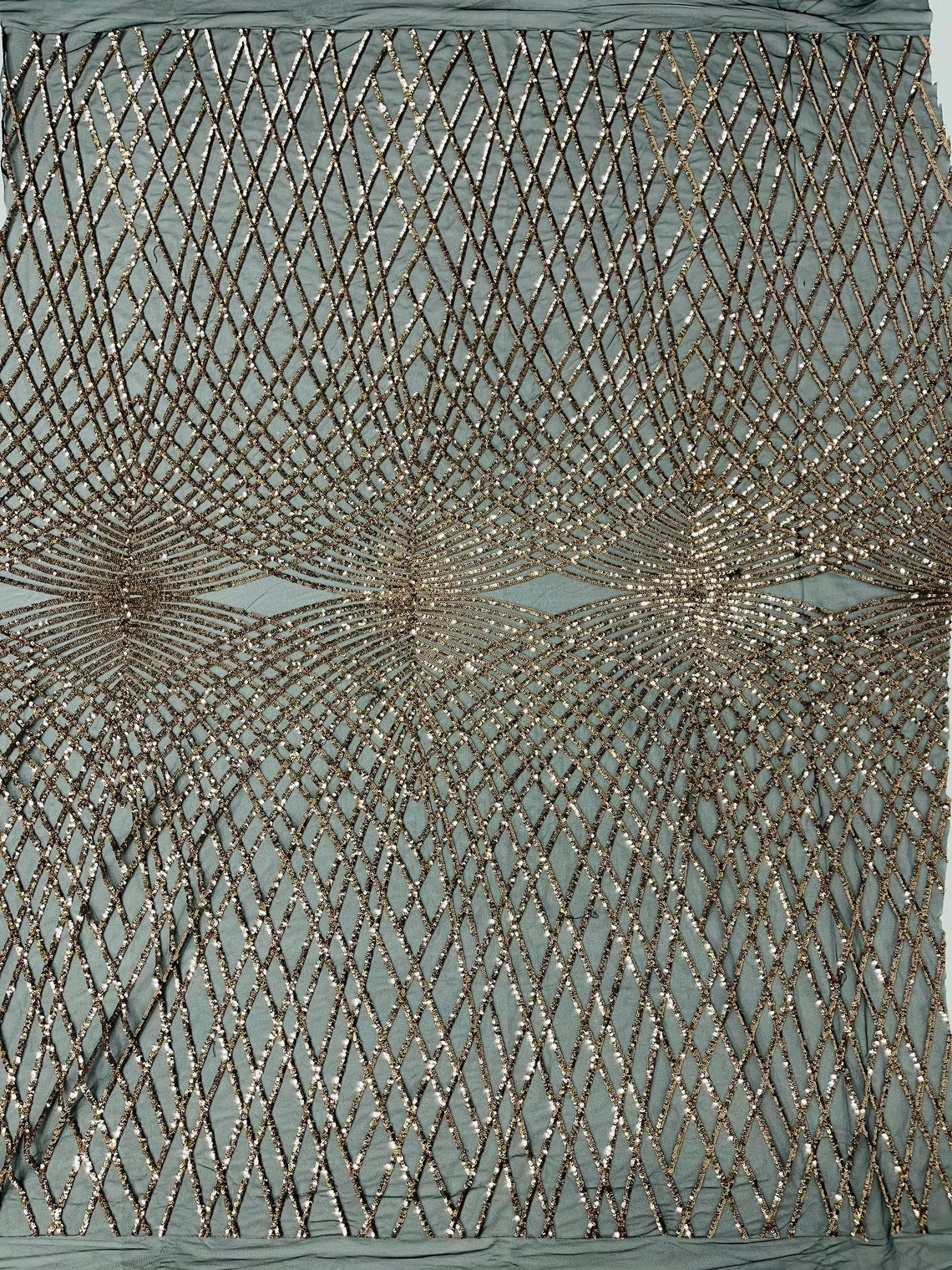 2 Way Stretch Diamond Fabric - Rose Gold on Black - Geometric Diamond Design on Mesh By The Yard
