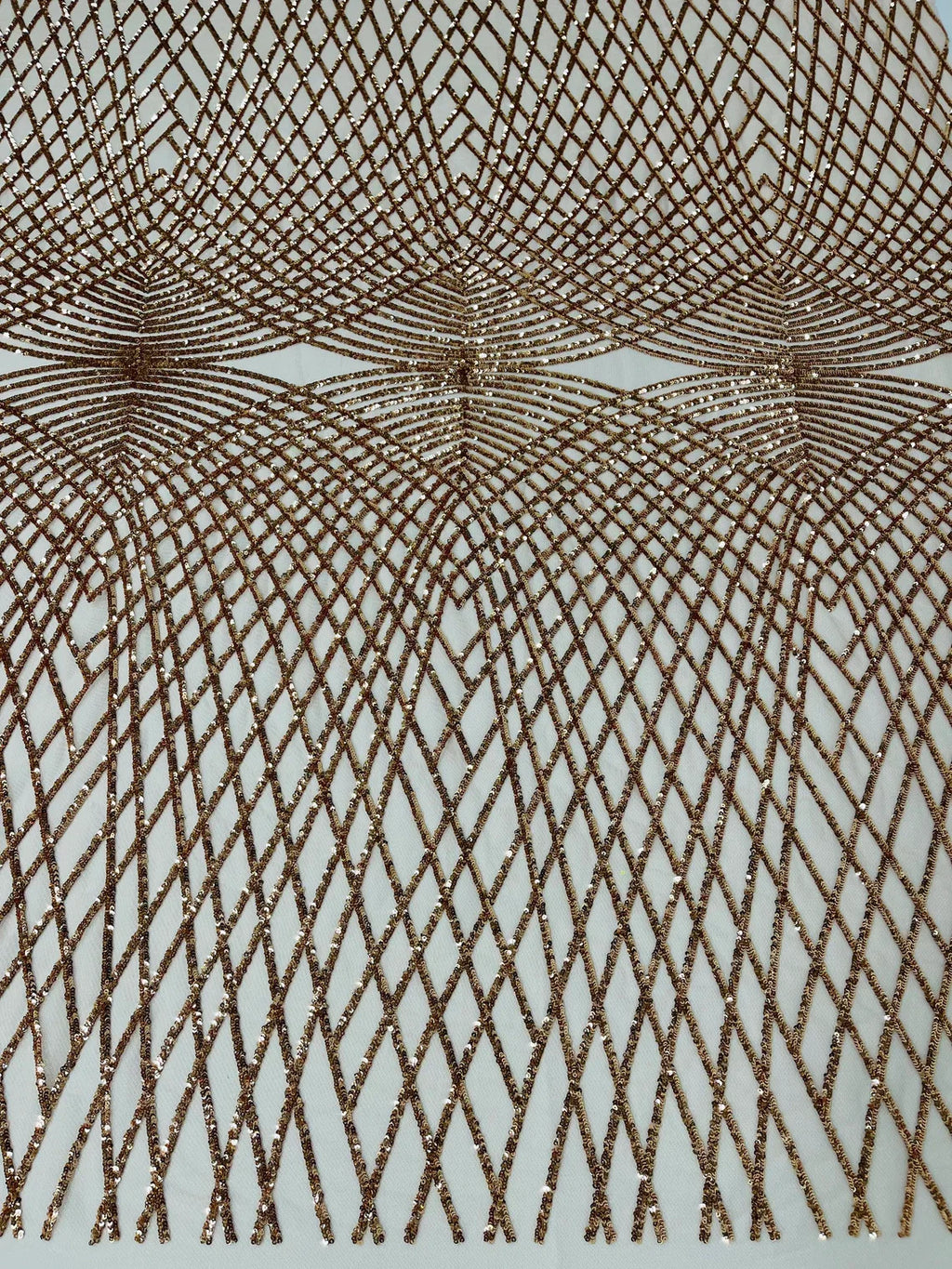 2 Way Stretch Diamond Fabric - Rose Gold on Blush - Geometric Diamond Design on Mesh By The Yard