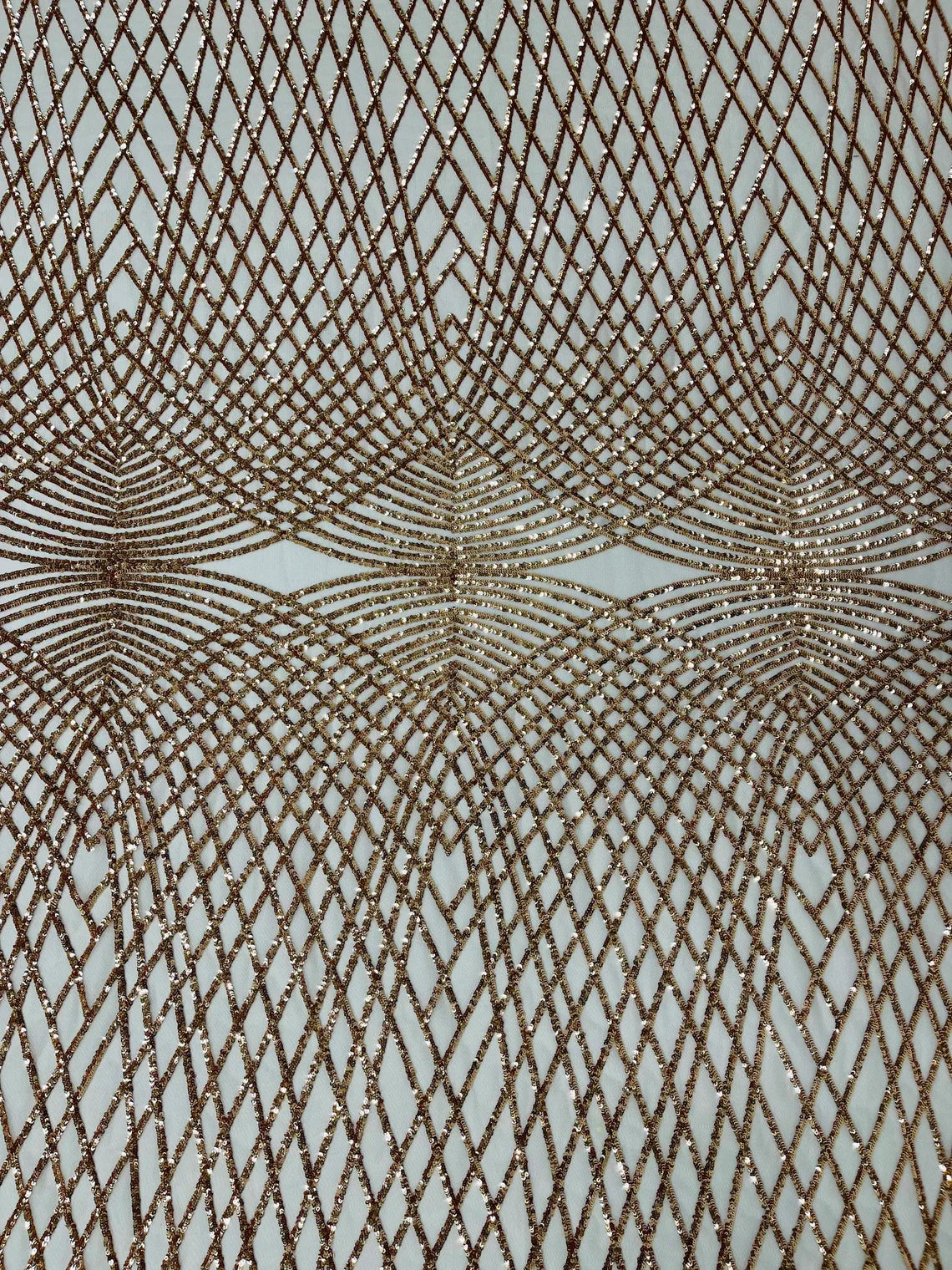 2 Way Stretch Diamond Fabric - Rose Gold on Blush - Geometric Diamond Design on Mesh By The Yard