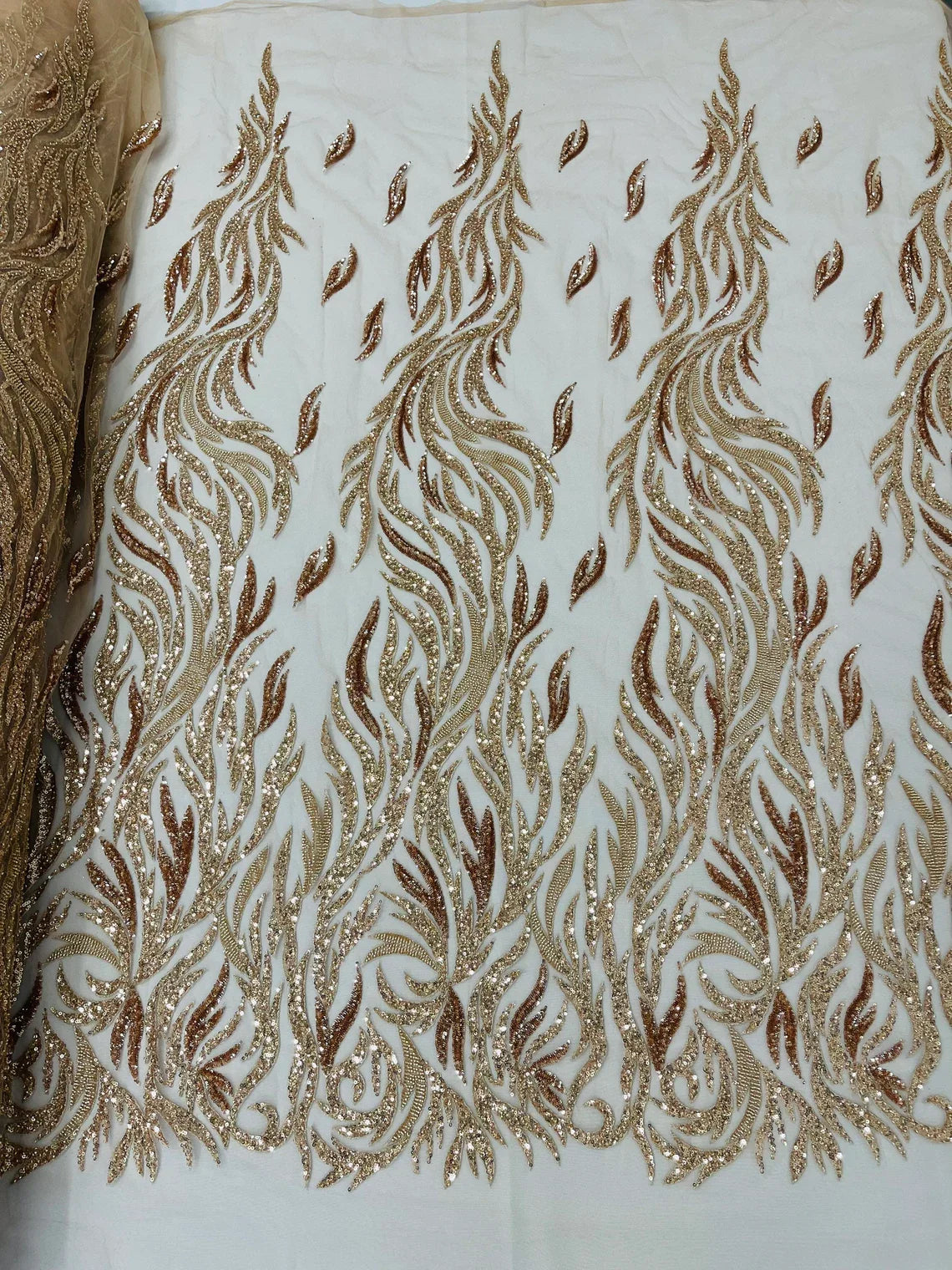 Fire Flame Bead Design - Rose Gold - Embroidered Fire Flame Design Fabric with Beads by Yard