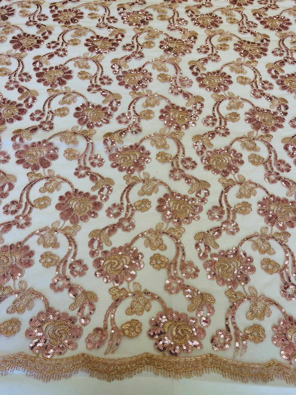 Embroidered Flower Lace - Rose - Corded Floral Lace With Sequins Sold By Yard