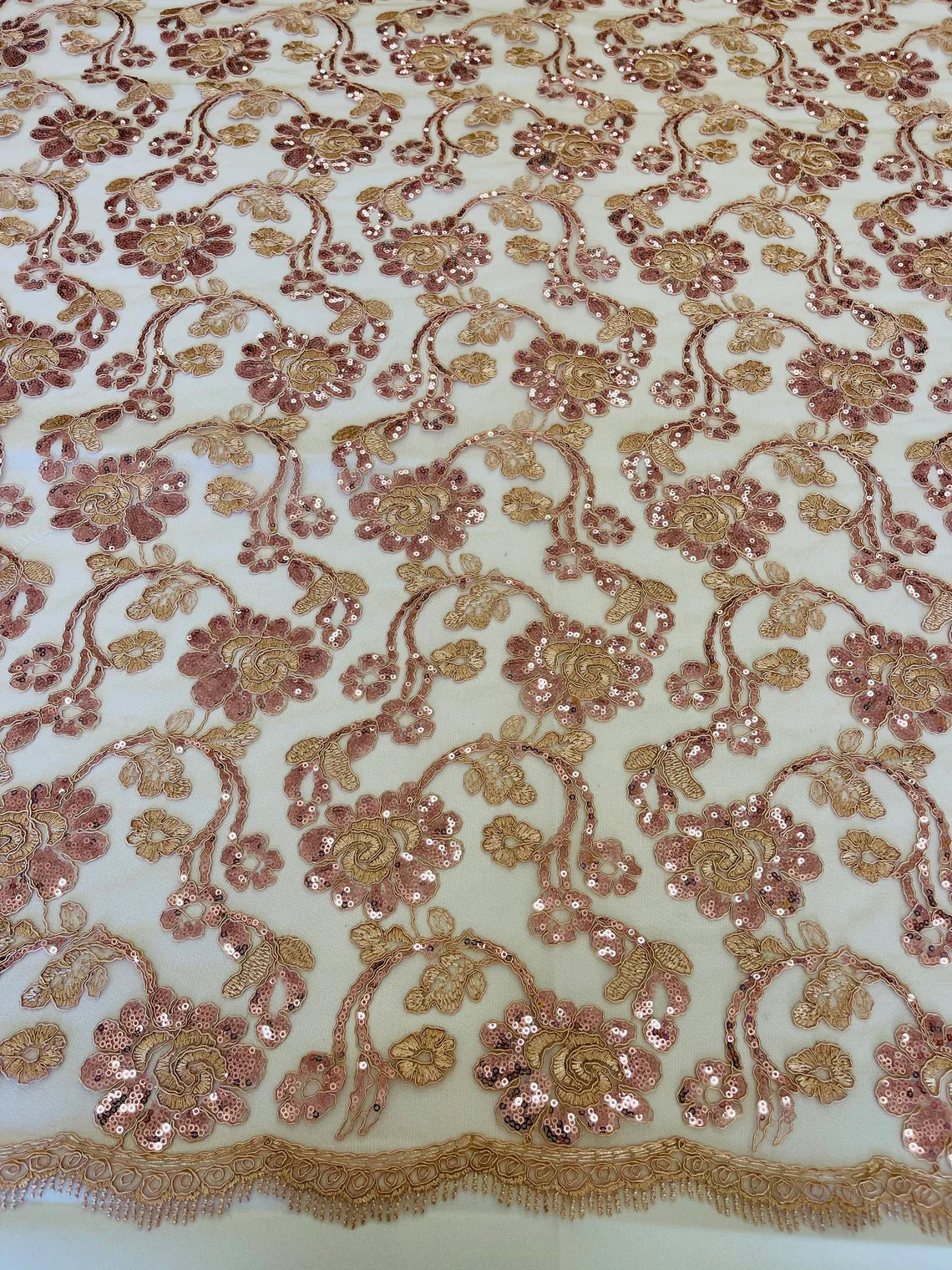 Embroidered Flower Lace - Rose - Corded Floral Lace With Sequins Sold By Yard