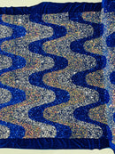 Wavy Line Velvet Sequins - Royal Blue / Silver / Clear Iridescent - Velvet Sequins 2 Way Stretch Fabric 58/60” By Yard