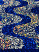 Wavy Line Velvet Sequins - Royal Blue / Silver / Clear Iridescent - Velvet Sequins 2 Way Stretch Fabric 58/60” By Yard