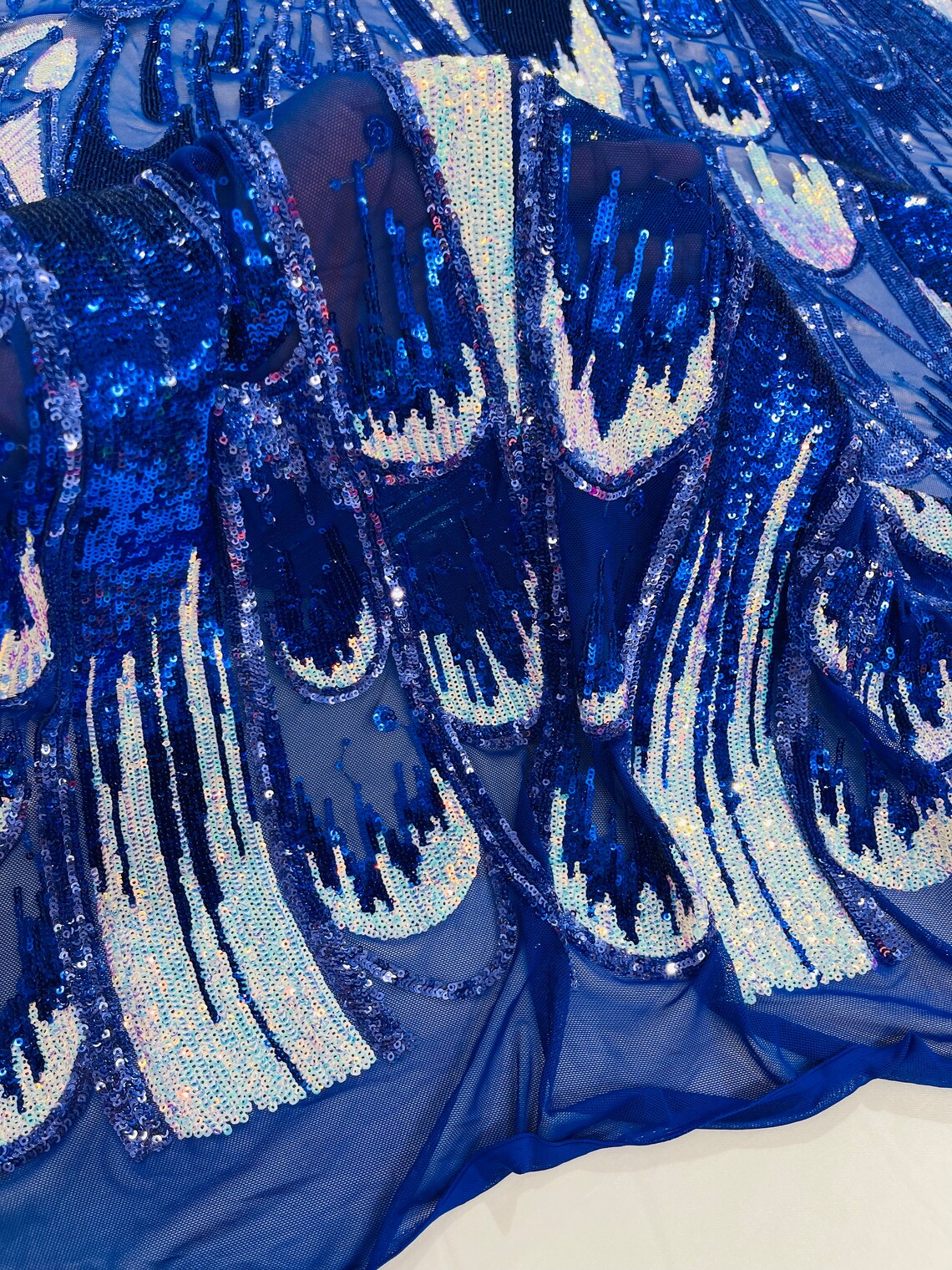 Multi-Color Sequins Design - Royal / Aqua - 4 Way Stretch Sequins Fabric By The Yard