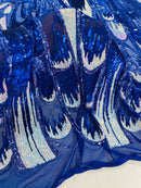 Multi-Color Sequins Design - Royal / Aqua - 4 Way Stretch Sequins Fabric By The Yard