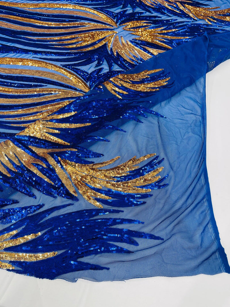 Phoenix Wing Sequins - Royal Blue - 4 Way Stretch Wings Pattern Design Fabric By Yard