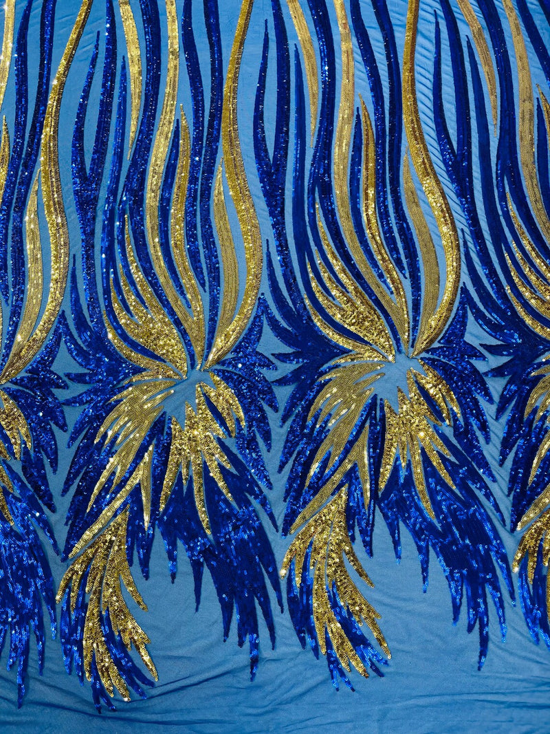 Phoenix Wing Sequins - Royal Blue - 4 Way Stretch Wings Pattern Design Fabric By Yard