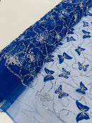 3D Butterfly Beaded Fabric - Royal Blue - Beaded Sequins Butterfly Embroidered Fabric By Yard