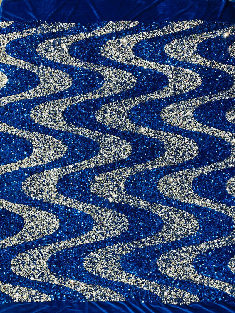 Wavy Line Velvet Sequins - Royal Blue / Silver - Velvet Sequins 2 Way Stretch Fabric 58/60” By Yard
