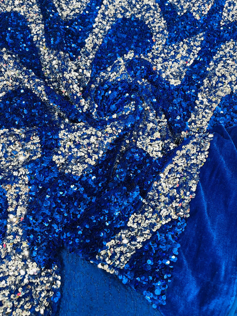 Wavy Line Velvet Sequins - Royal Blue / Silver - Velvet Sequins 2 Way Stretch Fabric 58/60” By Yard