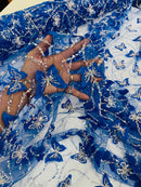 3D Butterfly Beaded Fabric - Royal Blue - Beaded Sequins Butterfly Embroidered Fabric By Yard