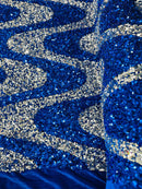 Wavy Line Velvet Sequins - Royal Blue / Silver - Velvet Sequins 2 Way Stretch Fabric 58/60” By Yard