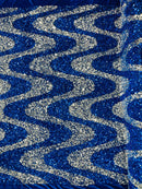 Wavy Line Velvet Sequins - Royal Blue / Silver - Velvet Sequins 2 Way Stretch Fabric 58/60” By Yard