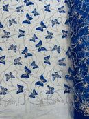 3D Butterfly Beaded Fabric - Royal Blue - Beaded Sequins Butterfly Embroidered Fabric By Yard