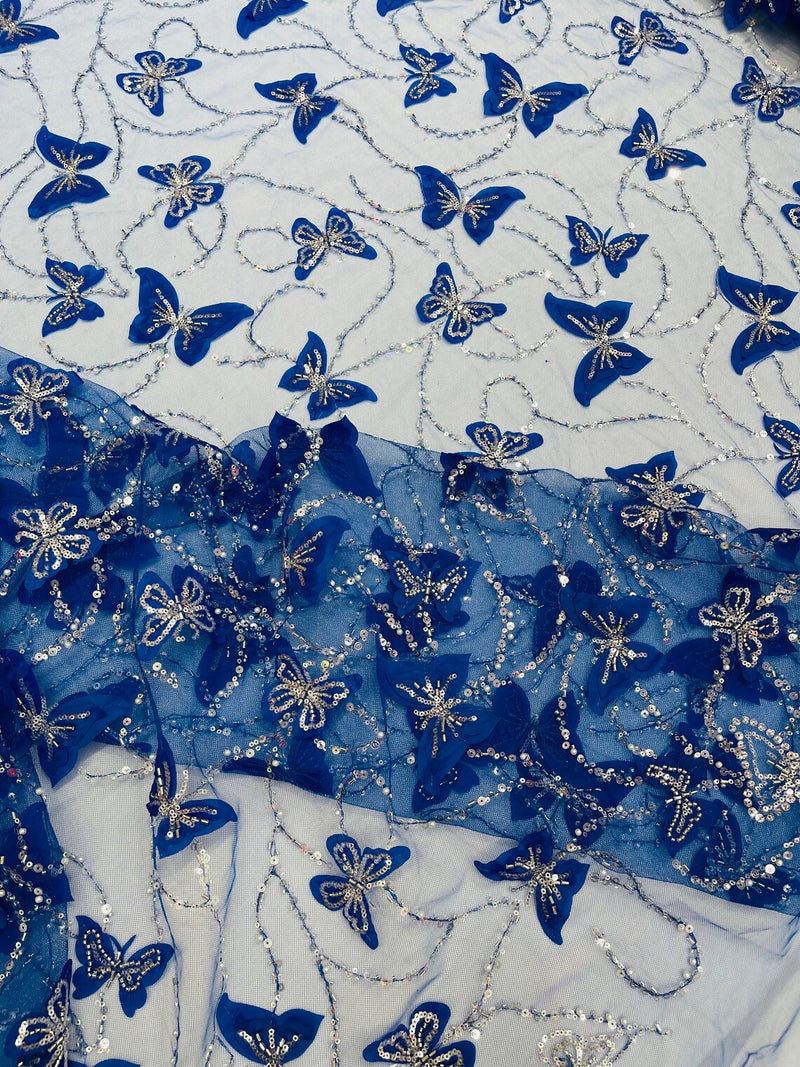 3D Butterfly Beaded Fabric - Royal Blue - Beaded Sequins Butterfly Embroidered Fabric By Yard