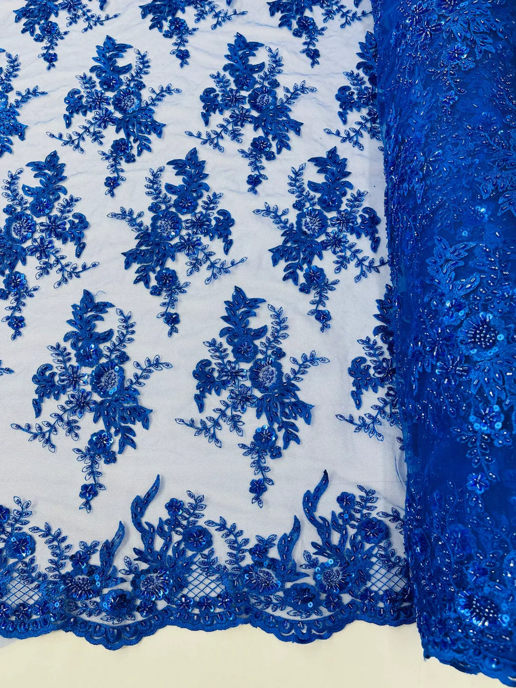 Beaded Flower Sequins Fabric - Royal Blue - Embroidered Beaded Floral Clusters Sequins Fabric By Yard