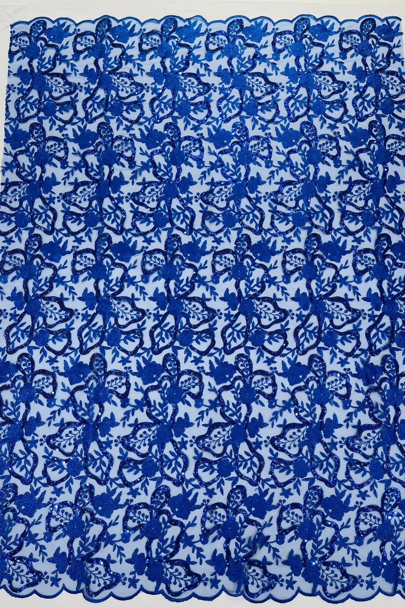 Small Flower Sequins Lace Fabric - Royal Blue - Embroidered Floral Pattern Fabric with Sequins on Lace By Yard