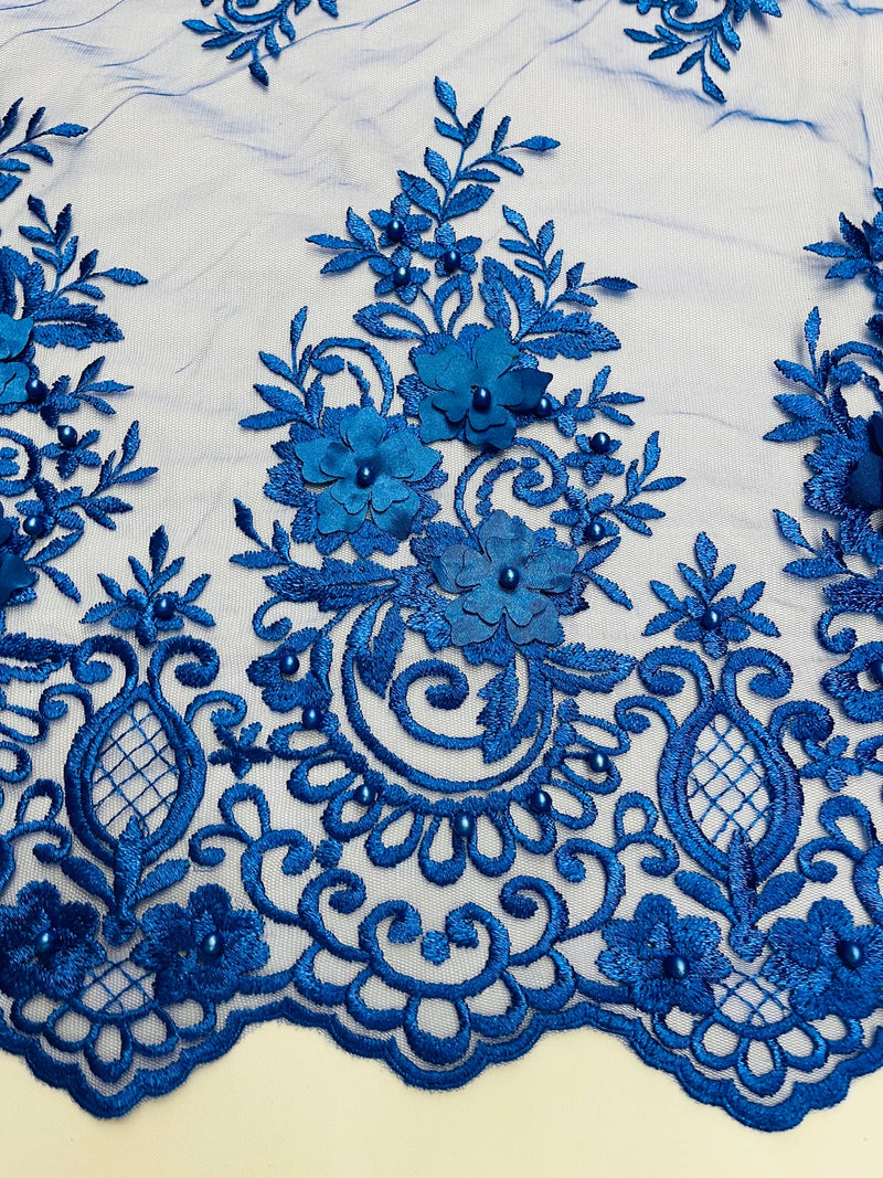 3D Fancy Floral Design Fabric - Royal Blue - 3D Flower Fabric with Small Beads on Lace Sold By Yard