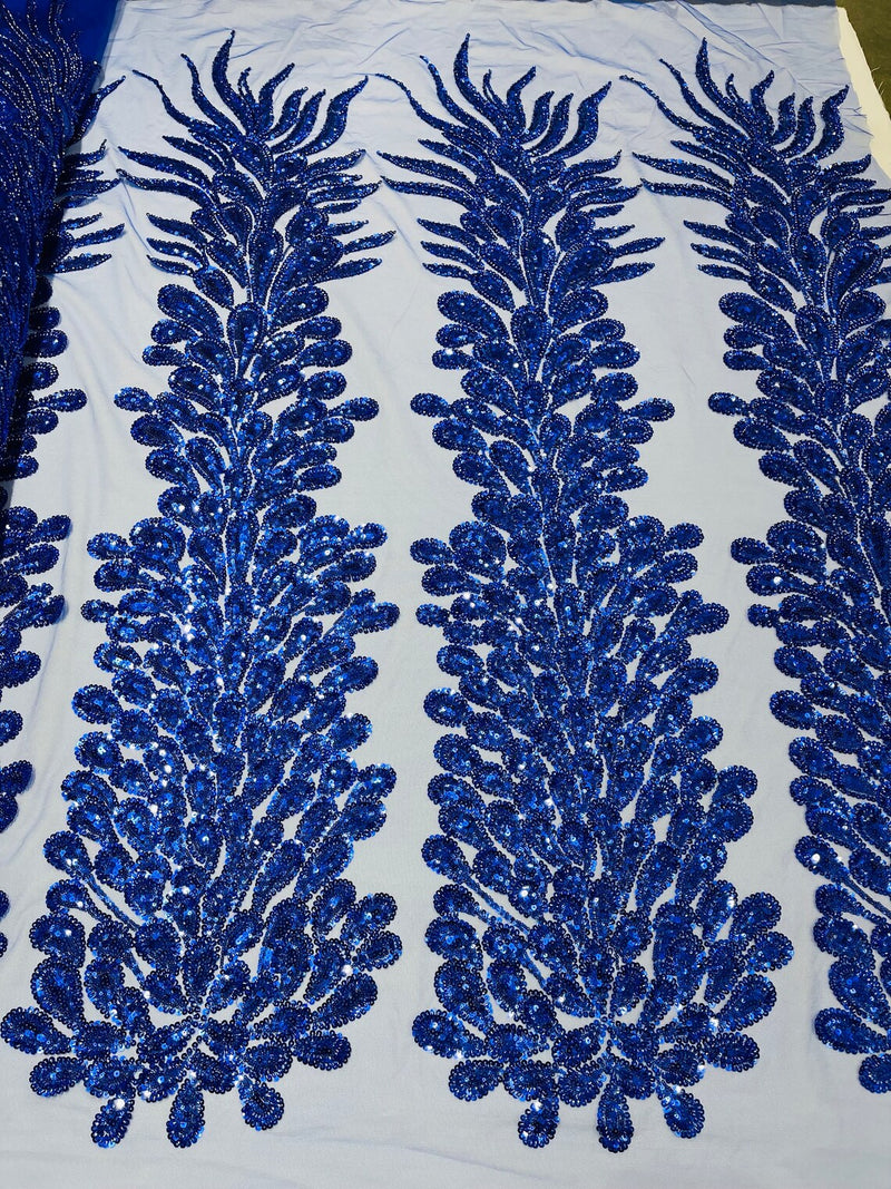 3D Beaded Peacock Feathers - Royal Blue - Sequins Embroidered Beaded Vegas Design On a Mesh Lace Fabric (Choose The Panels)