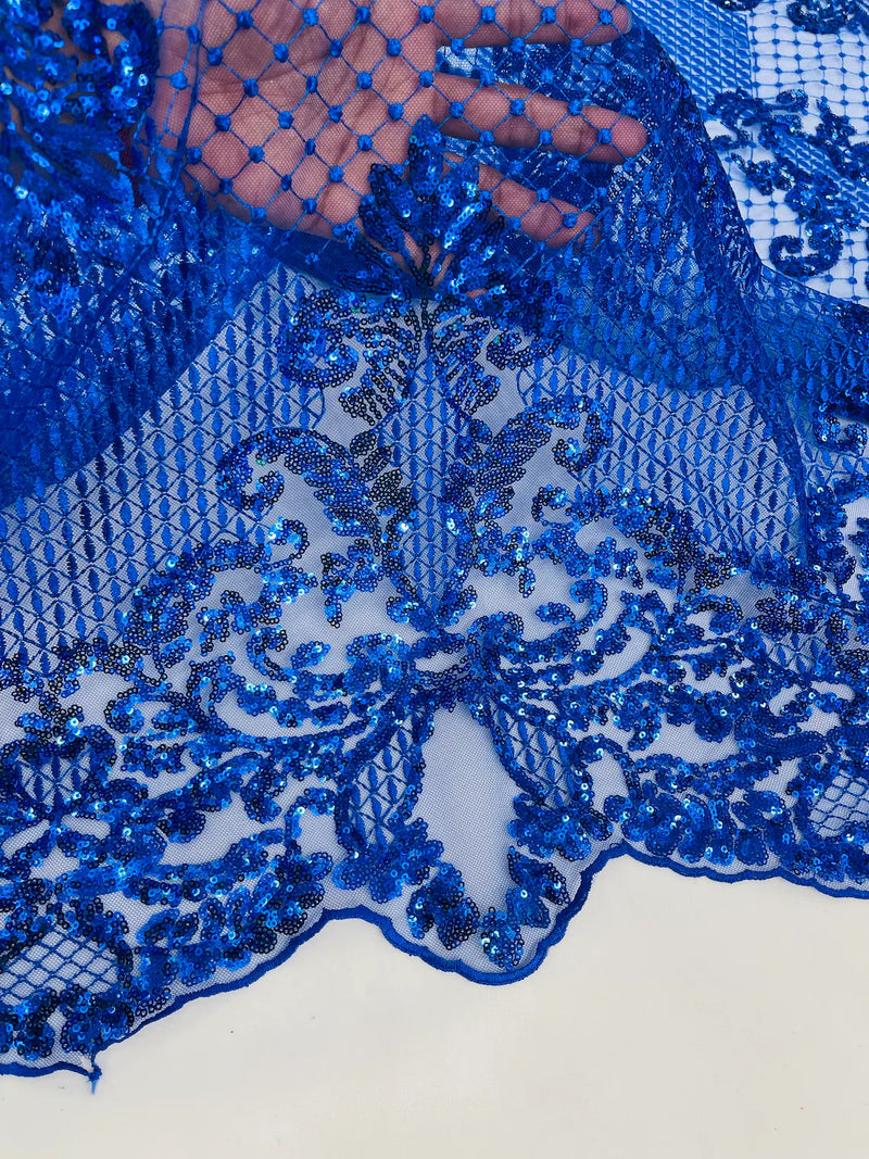King Damask Design Fabric - Royal Blue - Embroidered Corded Mesh Lace Fabric with Sequins By Yard