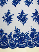Floral Lace Flower Fabric - Royal Blue - Floral Embroidered Fabric with Sequins on Lace By Yard