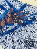 Flower Glitter Fabric - Royal Blue - 3D Floral Tulle Fabric for Wedding, Quinceañera By Yard