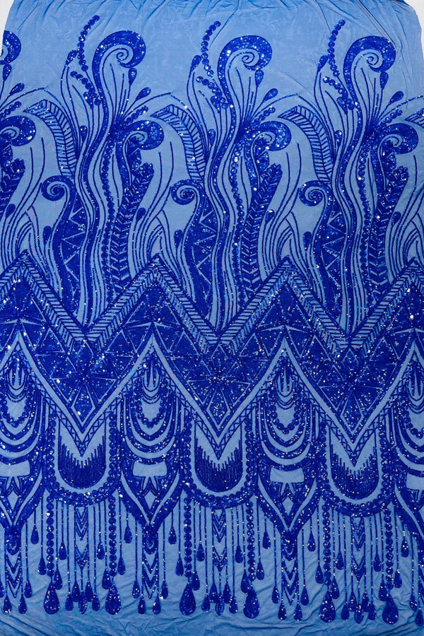 Zig Zag Design Sequins - Royal Blue - 4 Way Stretch Embroidered Zig Zag Sequins Lace Fabric By The Yard