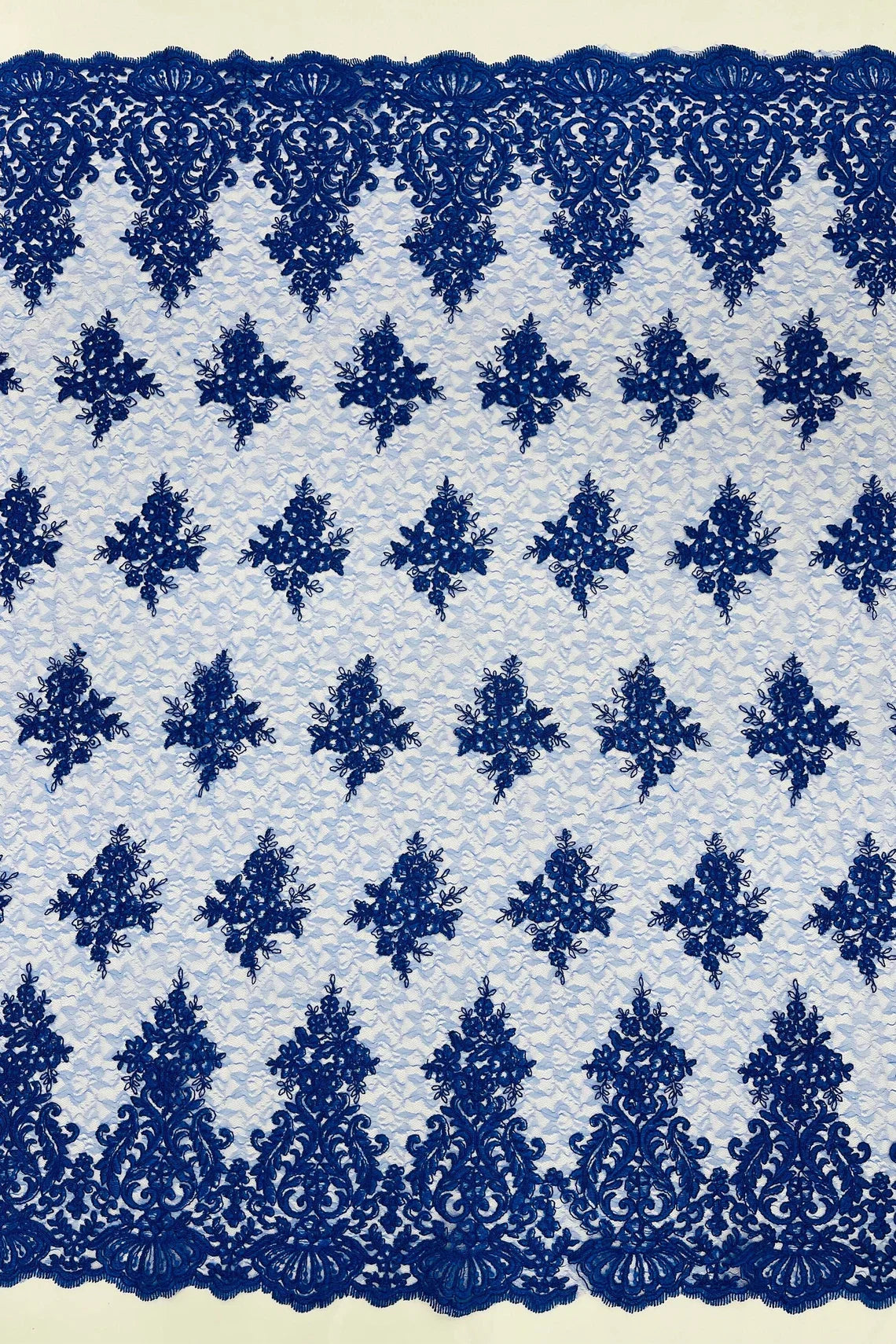 Damask Border Corded Lace - Royal Blue - Floral Cluster Design Damask Border on Lace Fabric Yard