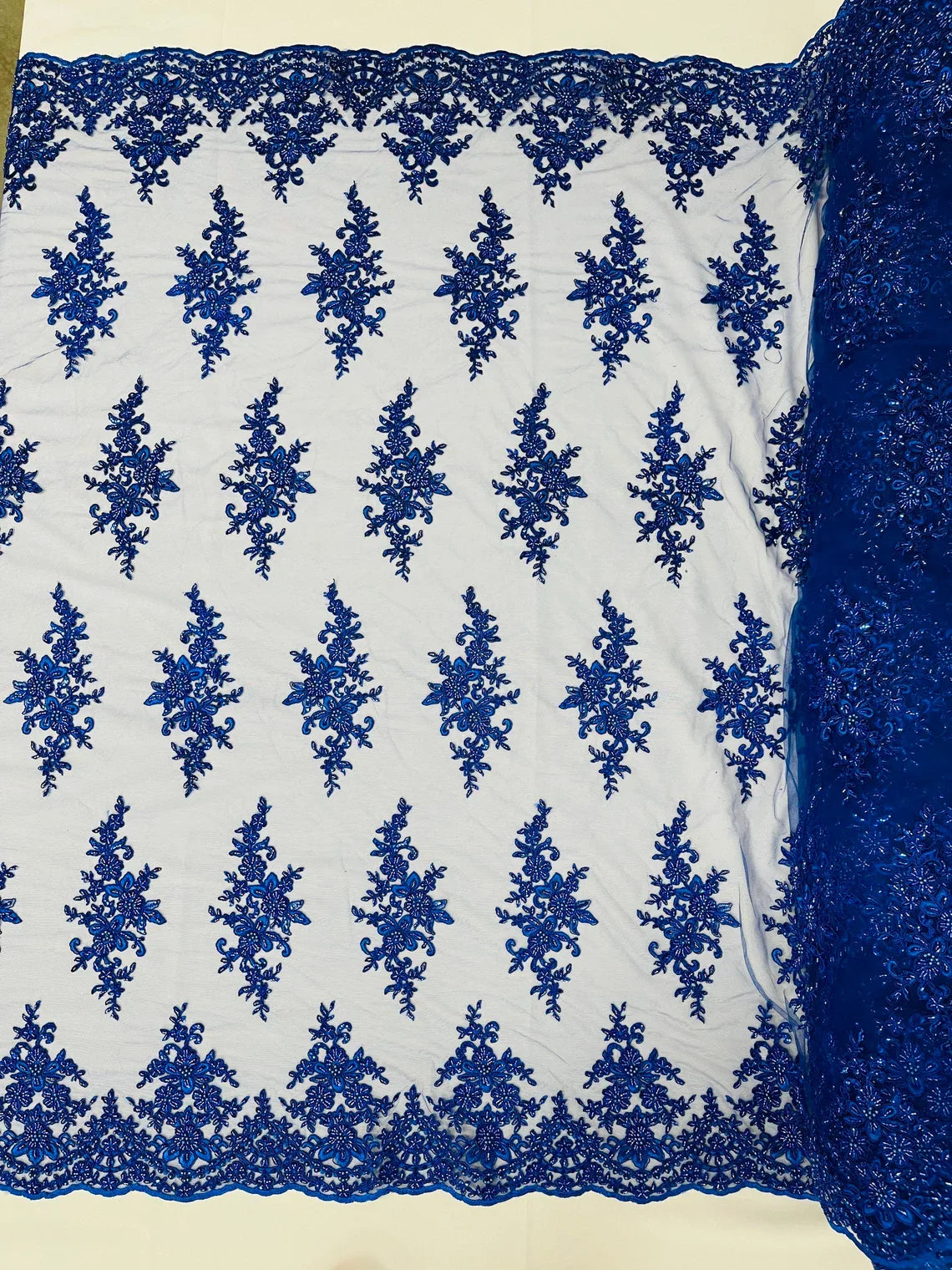 Beaded Shiny Floral Cluster - Royal Blue - Embroidered Luxury Floral Design by Yard