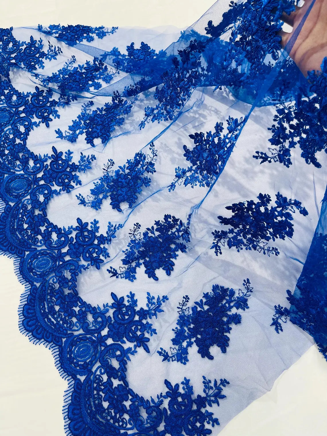 Floral Damask Lace Fabric - Royal Blue - Embroidered Damask Flowers on Lace Fabric By Yard