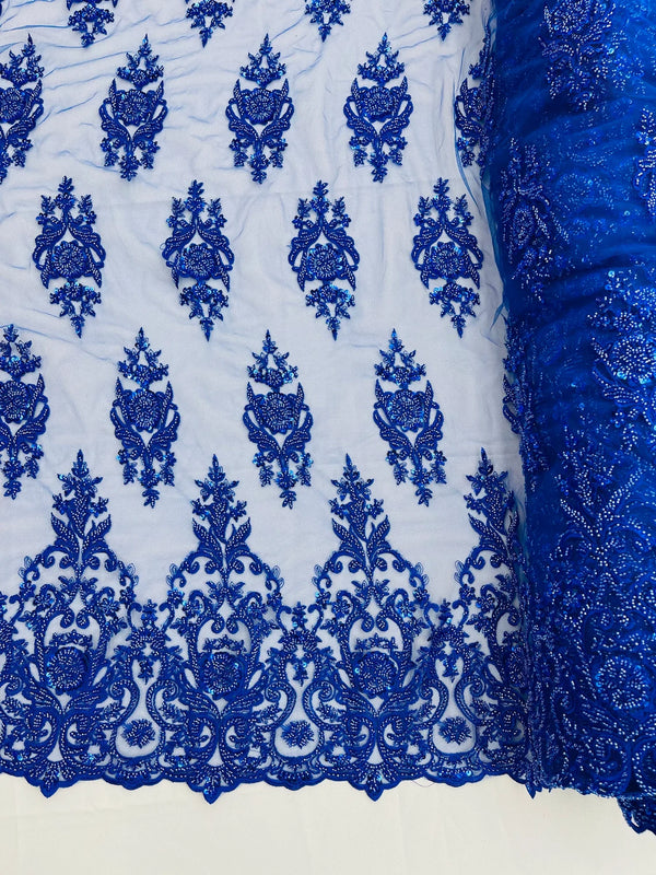 Floral Bead Embroidery Fabric - Royal Blue - Damask Floral Bead Bridal Lace Fabric by the yard