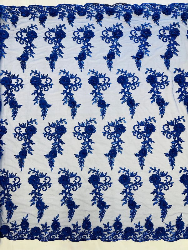 3D Flower Cluster Fabric - Royal Blue - 3D Flower Leaf Design Fabric with Pearls Sold By Yard