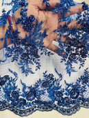 Floral Leaf Beaded Fabric - Royal Blue - Embroidered Flower Leaf Design Beaded Fabric By Yard