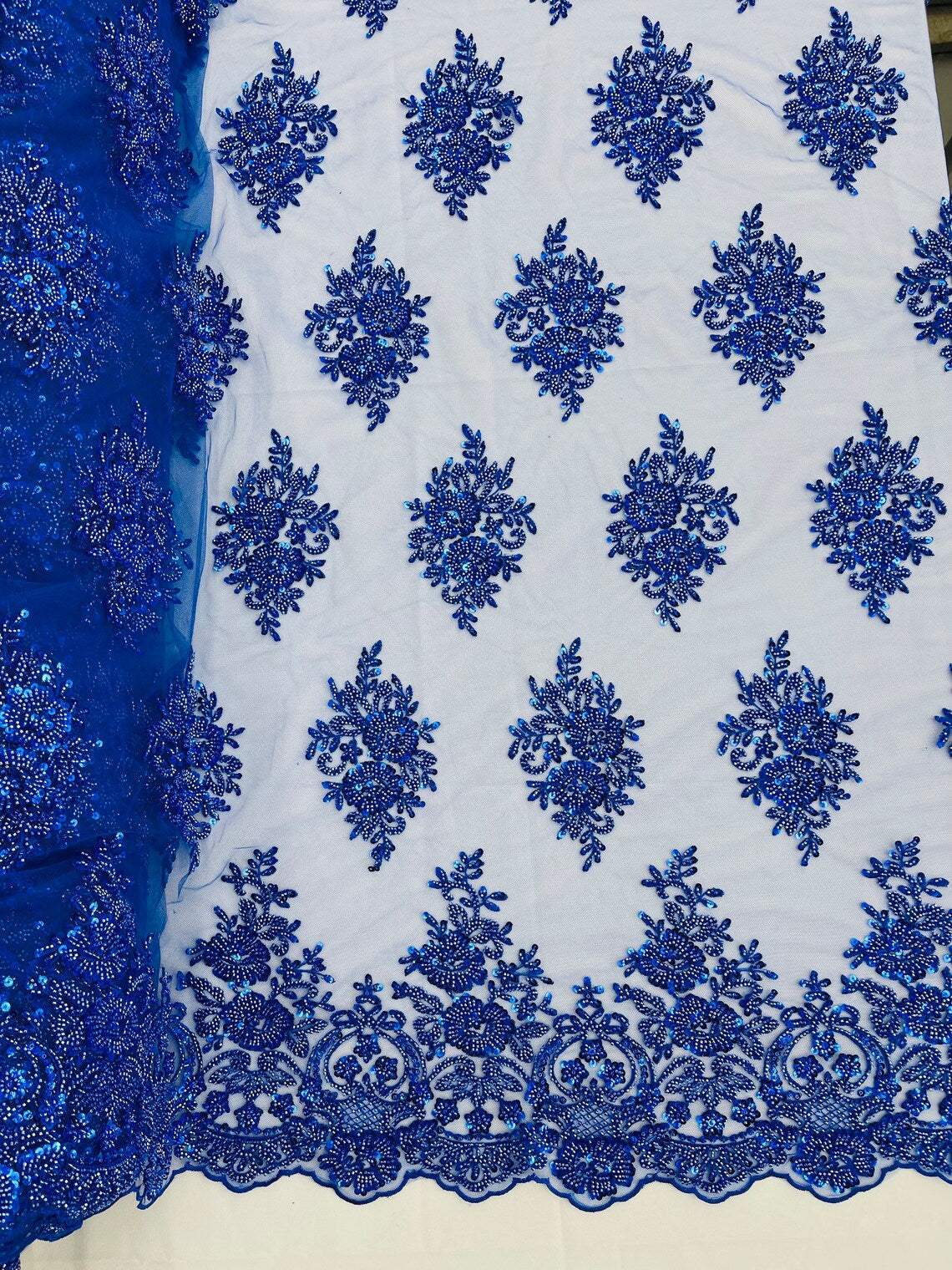 Heavy Beaded Floral Fabric - Royal Blue - Luxury Heavy Duty Bead Bridal Floral Cluster Lace Fabric by the yard