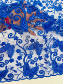 Butterfly Swirl Lace Fabric - Royal Blue - Metallic Sequins Design on Lace Fabric By Yard