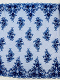 3D Floral Rhinestone Fabric - Royal Blue - Beaded Flower Clusters with Rhinestones and Sequins By Yard