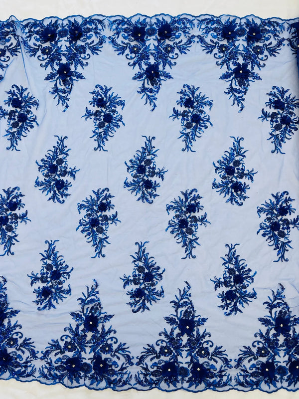 3D Floral Rhinestone Fabric - Royal Blue - Beaded Flower Clusters with Rhinestones and Sequins By Yard