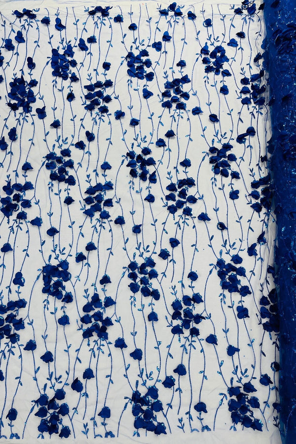 3D Glitter Floral Fabric - Royal Blue - 3D Flowers with Sequins and Glitter on Mesh Sold By Yard