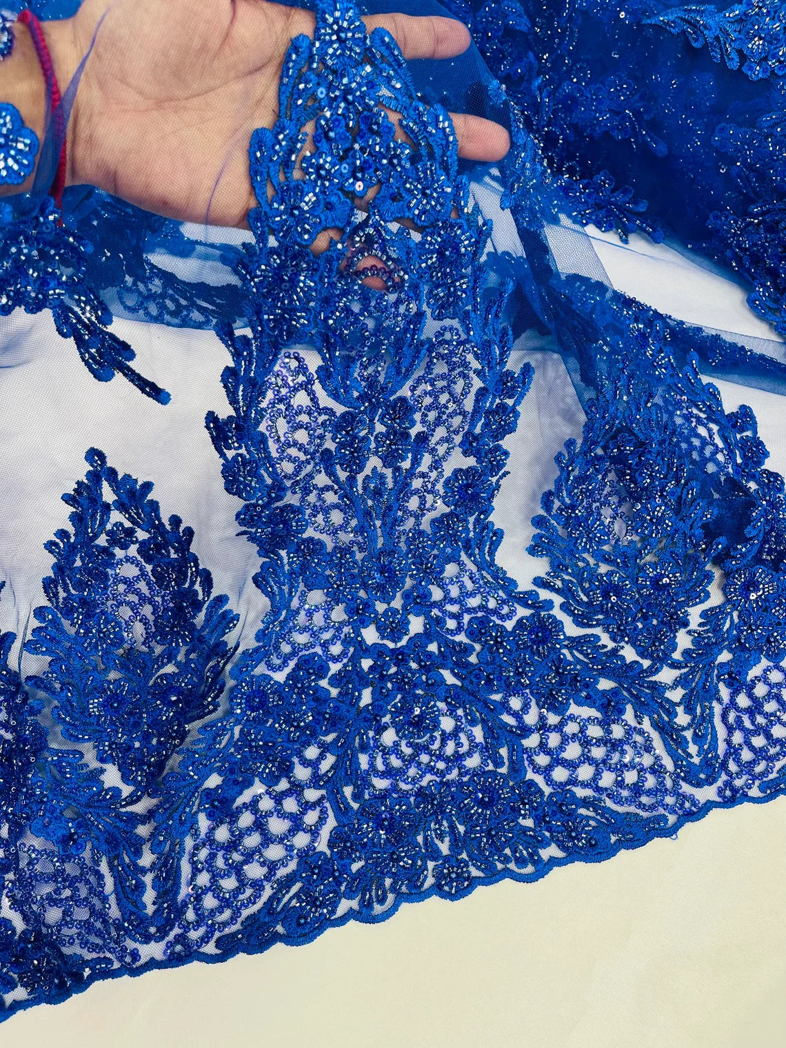 Heavy Bead Floral Fabric - Royal Blue - Beaded Flower Design Fabric Fancy Border By Yard