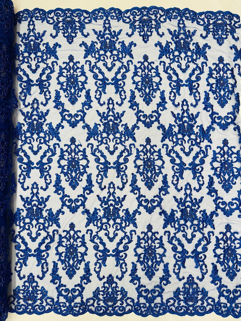 Butterfly Bead Sequins Fabric - Royal Blue - Damask Beaded Sequins Lace Fabric by the yard