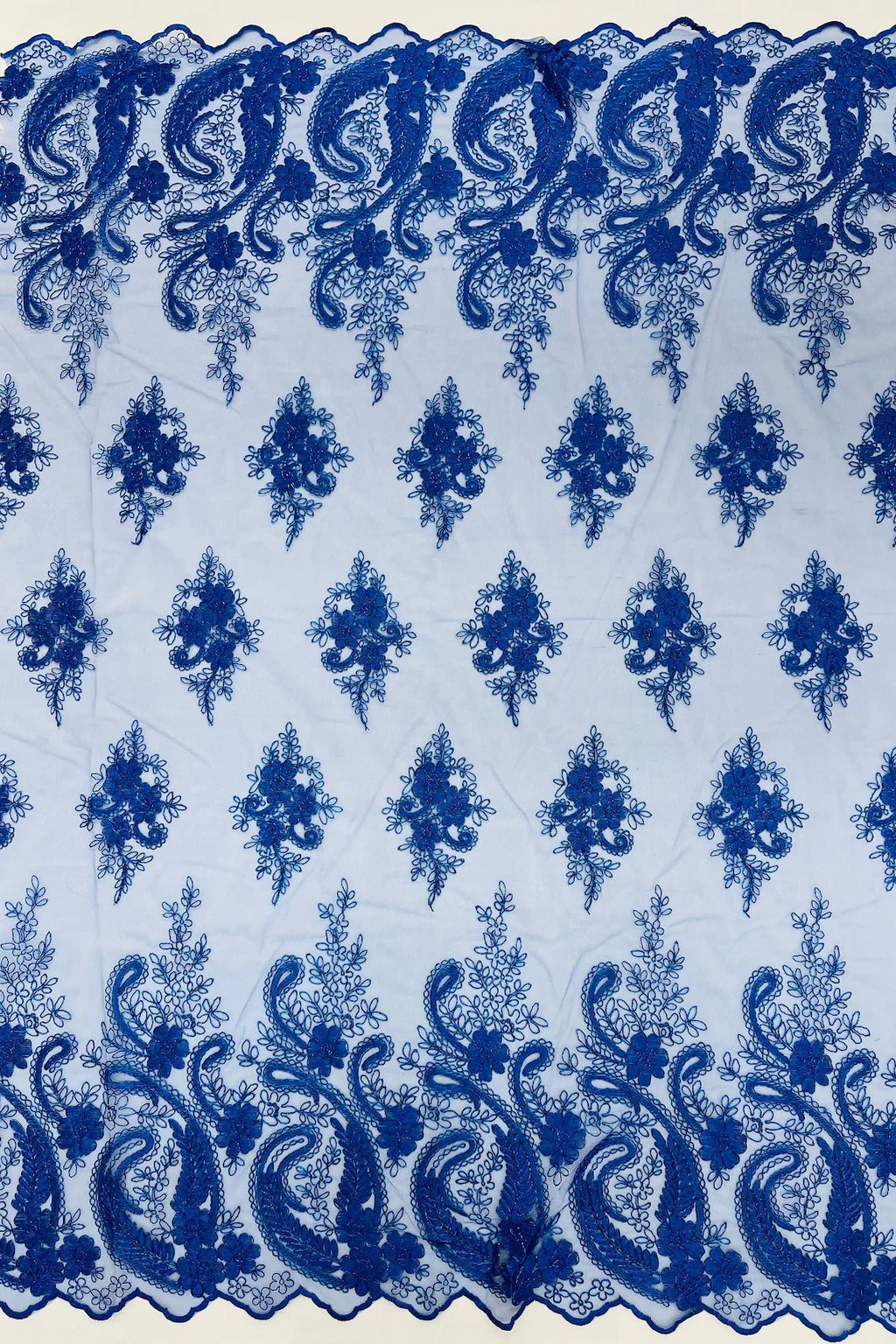 Metallic Corded Lace - Royal Blue - Paisley Floral Fabric with Metallic Thread on a Mesh Lace By Yard