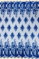 Metallic Corded Lace - Royal Blue - Paisley Floral Fabric with Metallic Thread on a Mesh Lace By Yard